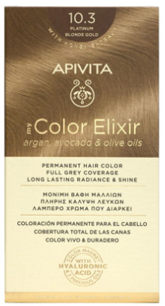 Farba do włosów Apivita My Color Elixir 10.3 Platinum Blonde Gold 50 ml + Utleniacz 75 ml + Odżywka 2x15 ml + Jednorazowe rękawiczki + Instrukcja (5201279081607) - obraz 1