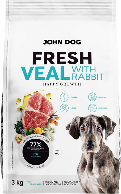 Sucha karma dla szczeniąt John Dog Fresh Junior Cielęcina z królikiem M/L 3 kg (5903769014521) - obraz 1