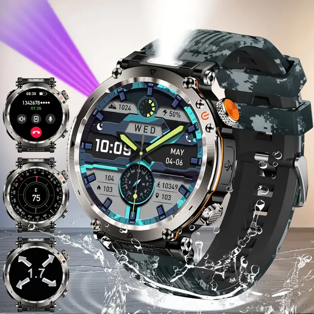 Смарт годинник з компасом тактичний HT30 CamoBlue, IP68, ліхтар, екран 1,7'' HD, батарея 600 мАг - Фото 2 Смарт годинник з компасом тактичний HT30 CamoBlue, IP68, ліхтар, екран 1,7'' HD, батарея 600 мАг - изображение 2