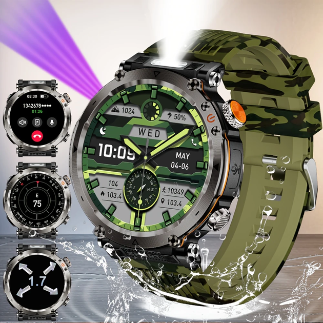 Смарт годинник з компасом тактичний HT30 CamoGreen, IP68, ліхтар, екран 1,7'' HD, батарея 600 мАг - Фото 1 Смарт годинник з компасом тактичний HT30 CamoGreen, IP68, ліхтар, екран 1,7'' HD, батарея 600 мАг - изображение 1