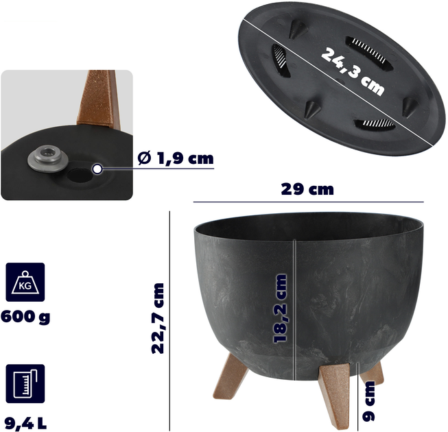 Doniczka ogrodowa na nóżkach Kadax z wkładką na dno Czarna 29 cm (5903699496008) - obraz 3