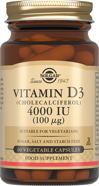 Suplement diety Solgar Vitamin D3 4000 IU (100 mcg) 60 kapsułek (0033984003866) - obraz 1