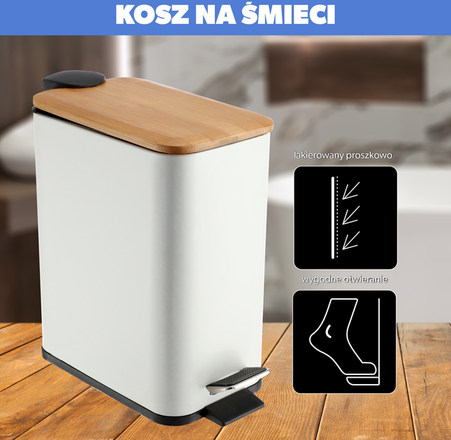 Кошик для сміття для ванної кімнати Kadax з педаллю і бамбуковою кришкою 5 л Білий (5903699426470) - зображення 3