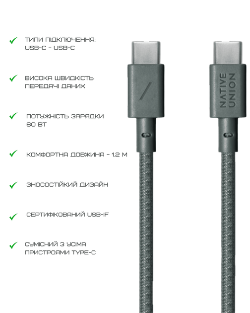Кабель USB-C to USB-C Native Union Belt Cable Slate Green (1.2 m) (BELT-C-GRN-2-NP) - зображення 2