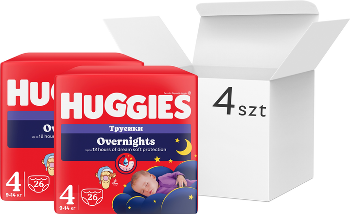 Pieluchomajtki Huggies Overnights rozmiar 4 9-14 kg 4 x 26 szt (5029054251546) - obraz 1