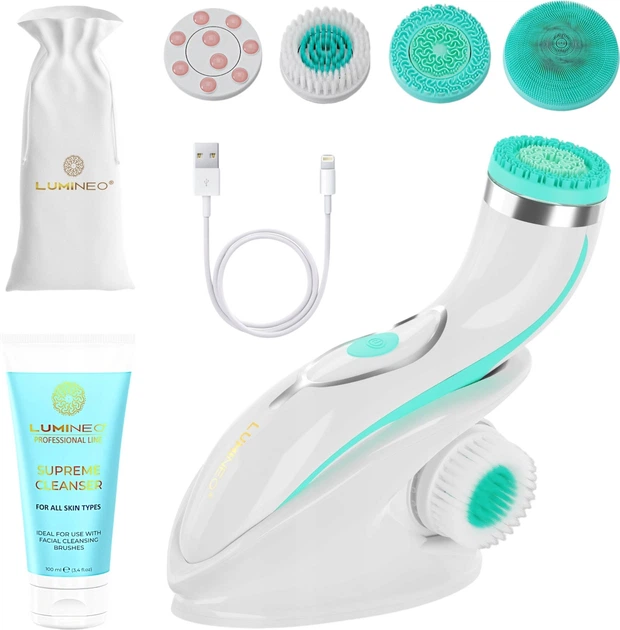 Szczoteczka do twarzy Lumineo Brush Pro 4 końcówki + żel do wszystkich rodzajów skóry turkusowa (5904726872802) - obraz 2