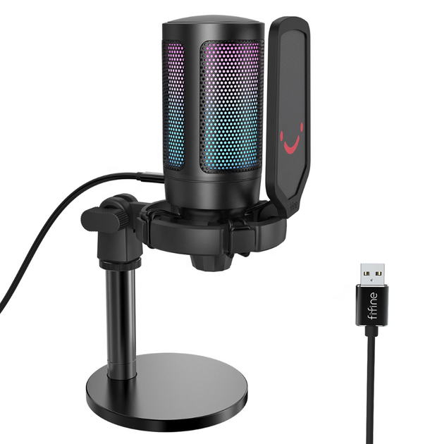 Конденсаторный игровой микрофон FIFINE A6 RGB Ampligame для ПК PS4 PS5 MAC с поп-фильтром Shock Mount & Gain Control Черный - Фото 1 Конденсаторный игровой микрофон FIFINE A6 RGB Ampligame для ПК PS4 PS5 MAC с поп-фильтром Shock Mount & Gain Control Черный - изображение 1