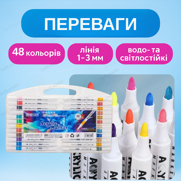 Набор акриловых маркеров 48 цветов для художественных проектов и творчества фломастеры линия 1-3мм водостойкие - изображение 2