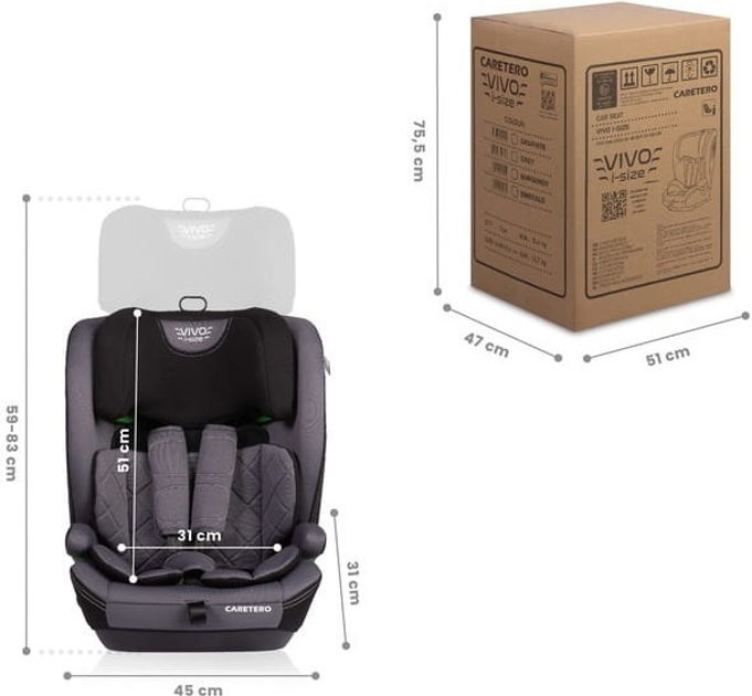 Fotelik samochodowy Caretero Vivo I-Size Isofix od 76 cm do 150 cm Grafitowy TERO-2050 (5903076321701) - obraz 8