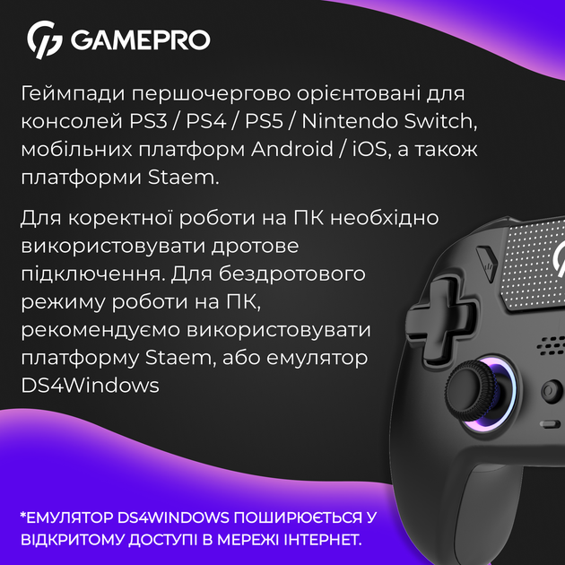 Бездротовий геймпад із зарядною станцією GamePro GPS20BDOC 2.4G/BT 5.1/USB (PS5/Switch/PS/PC/iOS/Android) RGB Black - зображення 13
