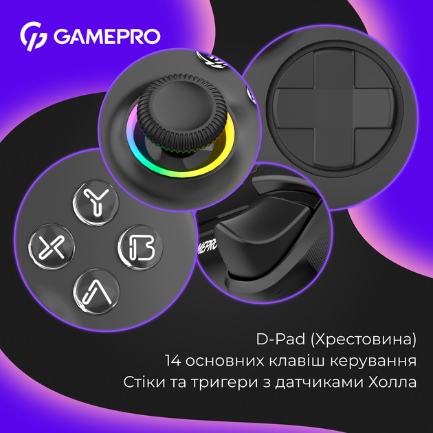 Бездротовий геймпад GamePro із зарядною станцією GPX13BDOC BT 5.3/USB/2.4 ГГц (Switch/PC/iOS/Android) RGB Black - Фото 10 Бездротовий геймпад GamePro із зарядною станцією GPX13BDOC BT 5.3/USB/2.4 ГГц (Switch/PC/iOS/Android) RGB Black - зображення 10