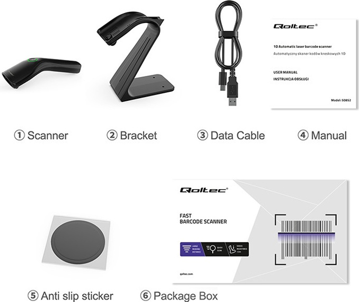 Skaner kodów kreskowych Qoltec 1D USB + stojak na skaner Czarny (5901878508528) - obraz 8