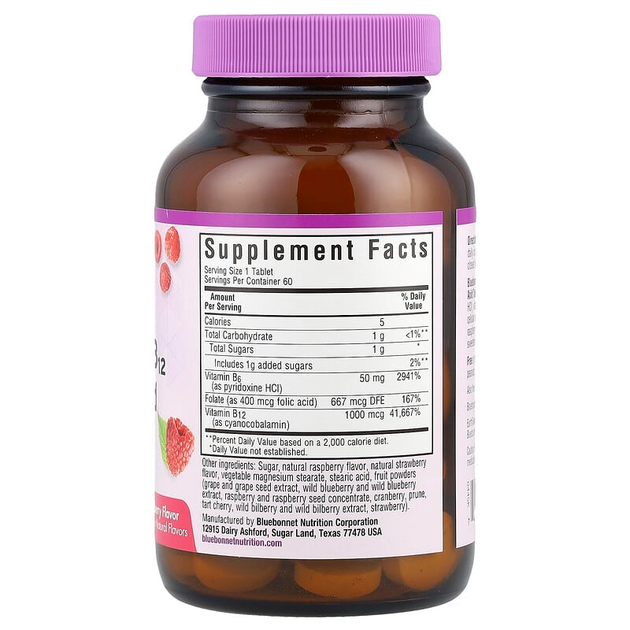 Витамин В6, B12 + фолиевая кислота, малина, Earth Sweet Chewables, Bluebonnet Nutrition, 60жевательных таблеток (BLB-00445) - изображение 2