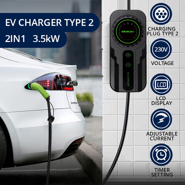 Мобільний зарядний пристрій для електромобілів Qoltec EV з регулюванням 2 в 1 Type 2 3.5 кВт 5 м (5901878524689) - зображення 6