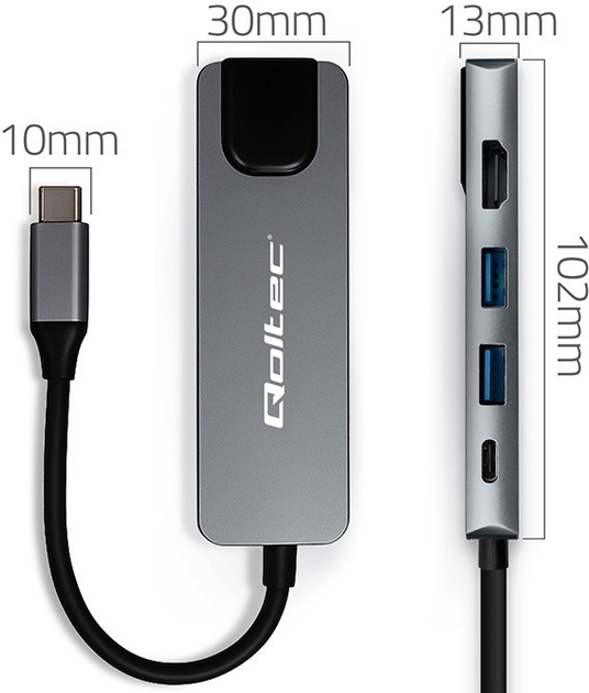 USB Hub Qoltec Hub Adapter USB-C PD 100 W 5 in 1 Grey (5901878537955) - obraz 2