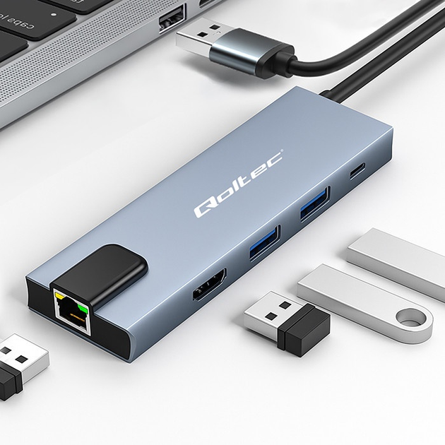 USB Hub Qoltec Hub Adapter USB-C PD 100 W 5 in 1 Grey (5901878537955) - obraz 3