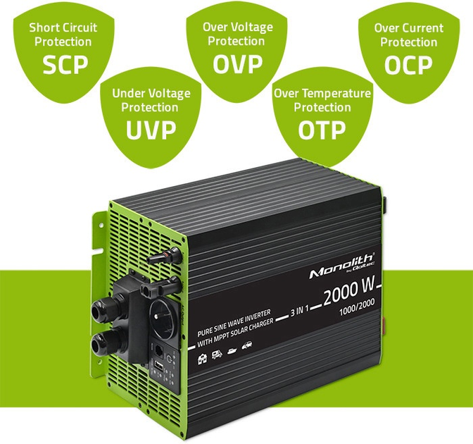 Автомобільний інвертор Qoltec Monolith 3 в 1 з функцією зарядки 1000/2000 Вт 12 В на 230 В (5901878519135) - зображення 10