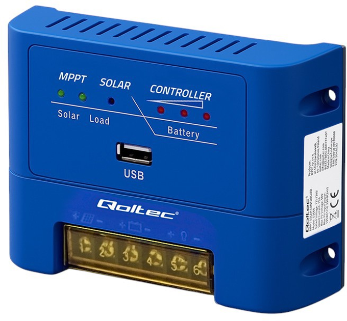 Контролер заряду сонячної батареї Qoltec MPPT 15 A для живлення споживачів постійного струму та заряджання акумуляторів 12 В / 24 В (5901878536668) - зображення 2
