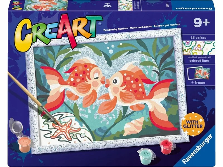 Malowanie po numerach Ravensburger Creart dla dzieci: Romantyczne rybki z brokatem 18 x 24 cm (4005556239795) - obraz 1