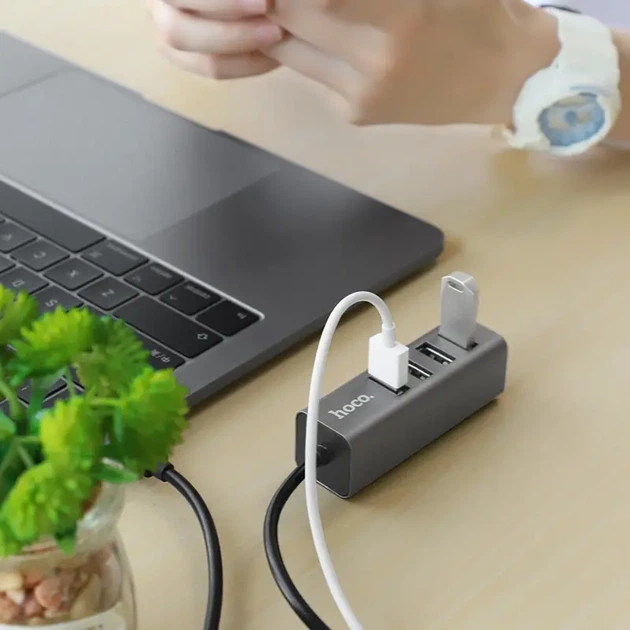USB хаб Hoco HB1 Line Machine 4USB (metal), кабель 0,8m Сірий - зображення 2