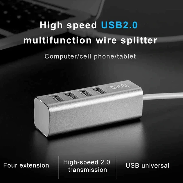 USB хаб Hoco HB1 Line Machine 4USB (metal), кабель 0,8m Сірий - зображення 6