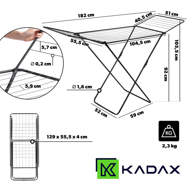 Suszarka na pranie KADAX Balkonowa Stojąca 182 cm (5903699441879) - obraz 3