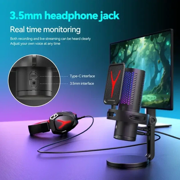 Микрофон Yanmai GM7 RGB игровой USB Type-C — кардиоидный, с подсветкой, регулятором громкости и mute - изображение 8