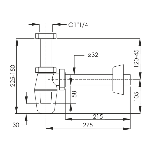 Сифон для умывальника без донного клапана, 1 1/4", слив 215xD32 IMPRESE d12601511S - изображение 2
