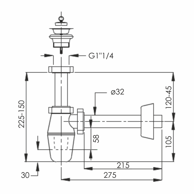 Сифон для умывальника, 1 1/4", пластик, слив 215xD32 IMPRESE d12601411S - изображение 2