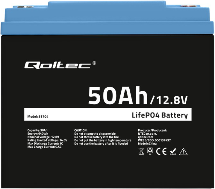 Акумуляторна батарея Qoltec LiFePO4 Літій-залізо-фосфатний 12.8V 50Ah 640Wh BMS 53704 (5901878537047) - зображення 1