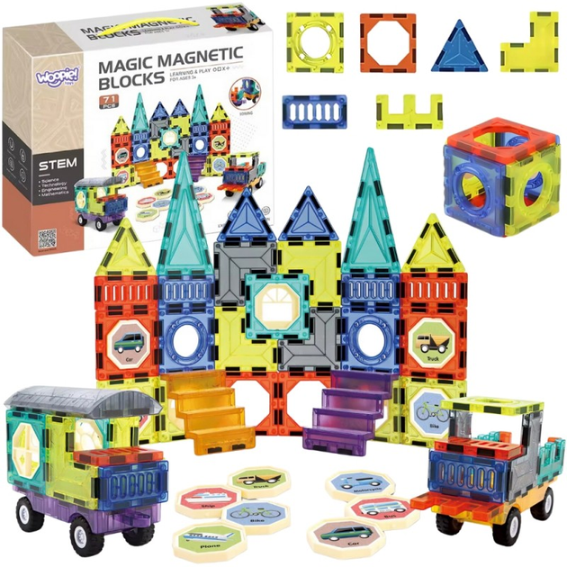 Klocki Magnetyczne Woopie 3D Zestaw, Zamek, Pojazdy, 71 element (5906280654870) - obraz 1