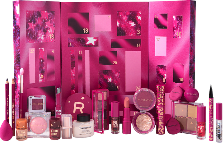 Revolution Makeup Advent Calendar 2025, 24 Essentiels Beauté, Coffret Cadeau Avec Gloss, Enlumineur, Blush, Pinceaux Et Mascara, Végan Et Non Testé Sur Les Animaux 