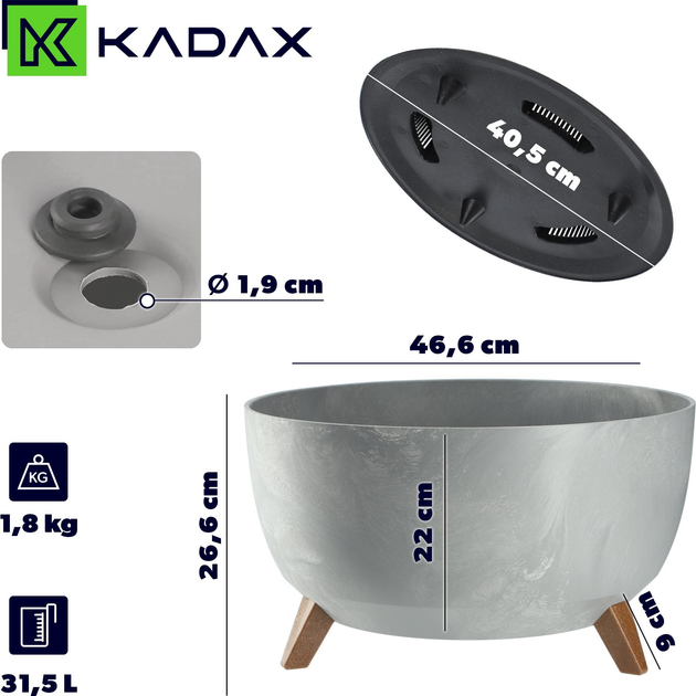 Doniczka na nóżkach Kadax z wkładką na dno Szary 47 cm (5903699495988) - obraz 2