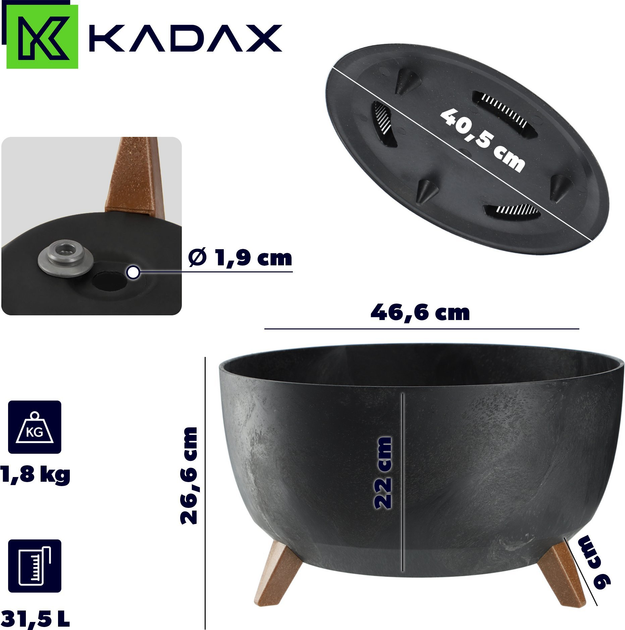 Doniczka na nóżkach Kadax z wkładką na dno Czarny 47 cm (5903699496039) - obraz 2