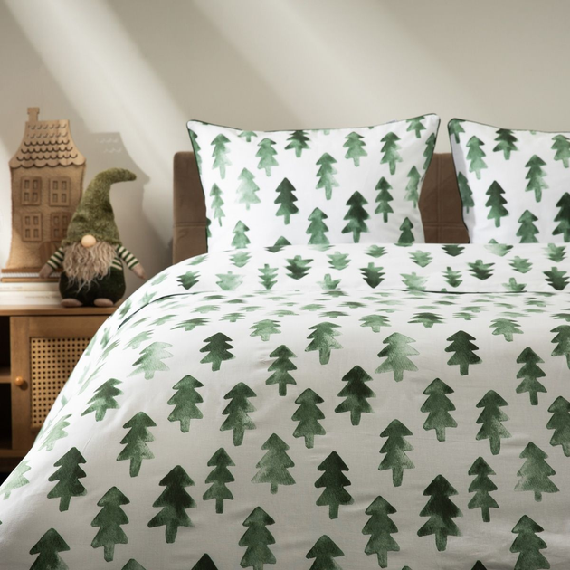 Komplet pościeli Homla Pinno Poszewka na pościel 160 x 200 cm + 2 poszewki na poduszki 50 x 60 cm bawełniany w choinki z zieloną lamówką Biały (5906496700453) - obraz 5