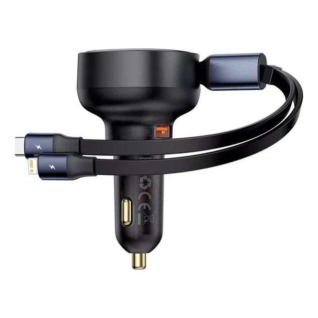 Автомобільний Зарядний Пристрій Baseus Enjoyment Pro Car Charger U+Retractable C & iP Cable 60W black - Фото 1 Автомобільний Зарядний Пристрій Baseus Enjoyment Pro Car Charger U+Retractable C & iP Cable 60W black - зображення 1
