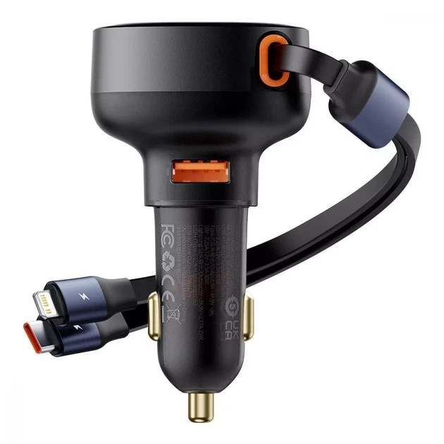 Автомобільний Зарядний Пристрій Baseus Enjoyment Pro Car Charger U+Retractable C & iP Cable 60W black - Фото 5 Автомобільний Зарядний Пристрій Baseus Enjoyment Pro Car Charger U+Retractable C & iP Cable 60W black - зображення 5