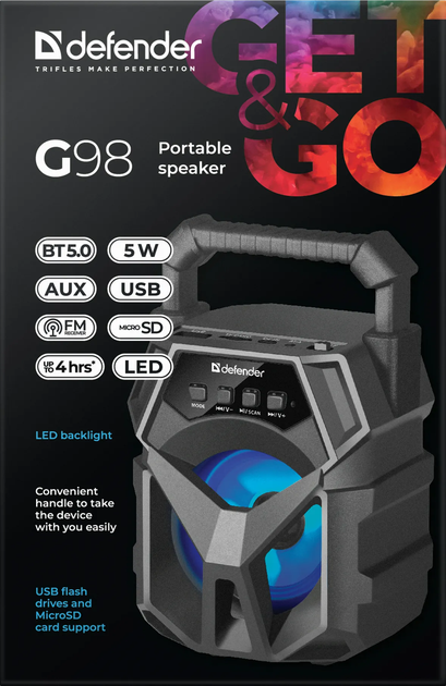 Портативна акустика Defender G98 5W, Light/BT/TF/USB/AUX, black 5 Вт Bluetooth 5.0 - зображення 5