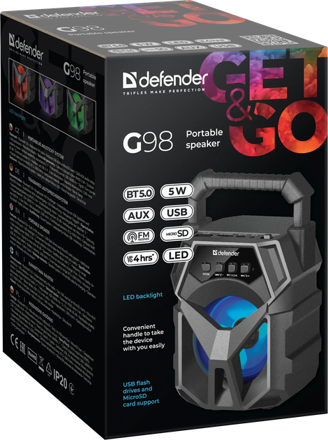 Портативна акустика Defender G98 5W, Light/BT/TF/USB/AUX, black 5 Вт Bluetooth 5.0 - зображення 9