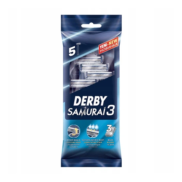 Станки для гоління одноразові Derby Samurai 3 упаковка 5 шт - Фото 1 Станки для гоління одноразові Derby Samurai 3 упаковка 5 шт - изображение 1