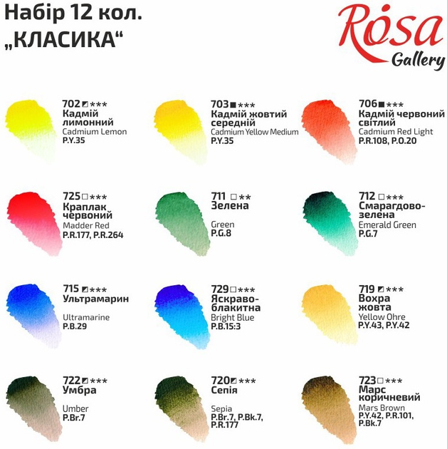 Zestaw farb akwarelowych Rosa Gallery Klasyka 12 kolorów 2.5 ml (4823098502838) - obraz 2