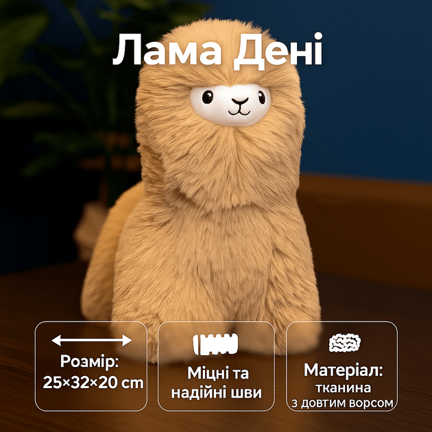 Лама Дені MIC 32см пухнаста м'яка іграшка, глітерні очі, коричнева C15502 - Фото 1 Лама Дені MIC 32см пухнаста м'яка іграшка, глітерні очі, коричнева C15502 - зображення 1