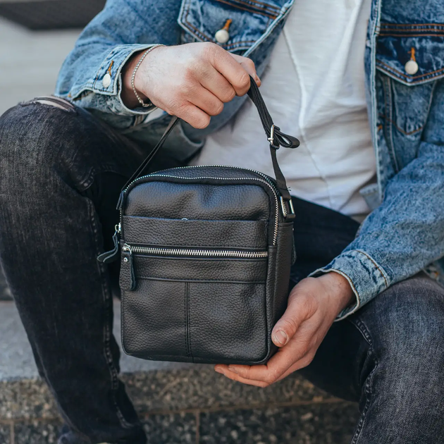 Барсетка-мессенджер мужская кожаная Tiding Bag BON6165 19х22х5 черная, через плечо (JDT-0849798) - изображение 4