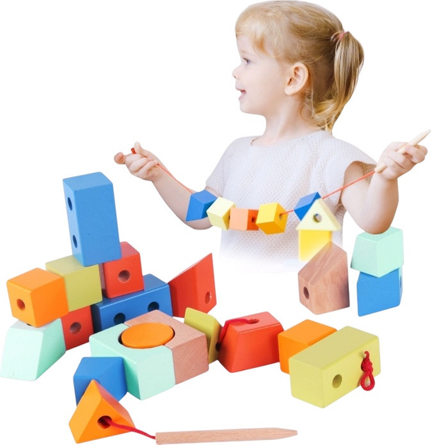 Шнурівка дерев'яна Classic World кубики для нанизування Геометричні фігури 21 ел CW53801 (6927049053801) - зображення 2