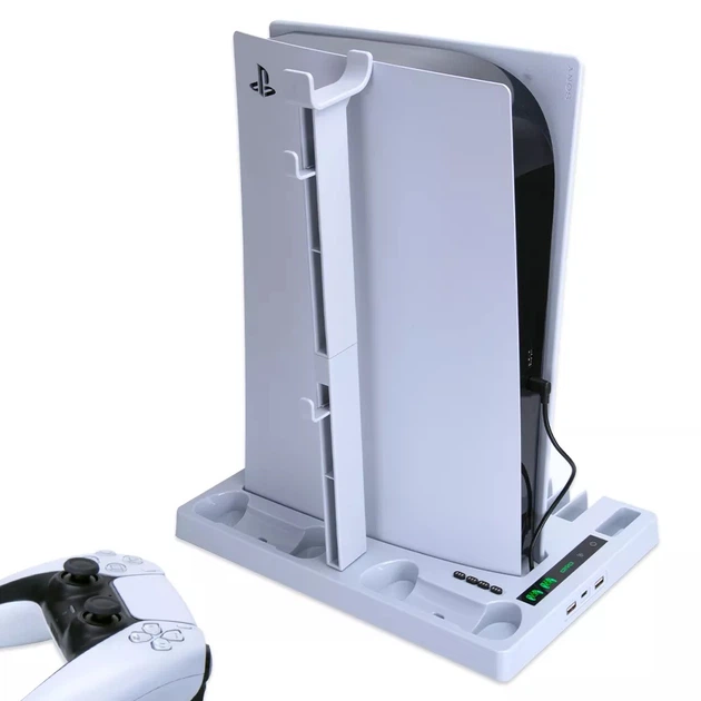 Мультифункциональная охлаждающая подставка OIVO для консоли Sony PlayStation 5 (PS5 / PS5 Digital Edition), зарядная станция для геймпадов DualSense с LED подсветкой, подставка для наушников, 15 дисков, ДУ пульта - изображение 3