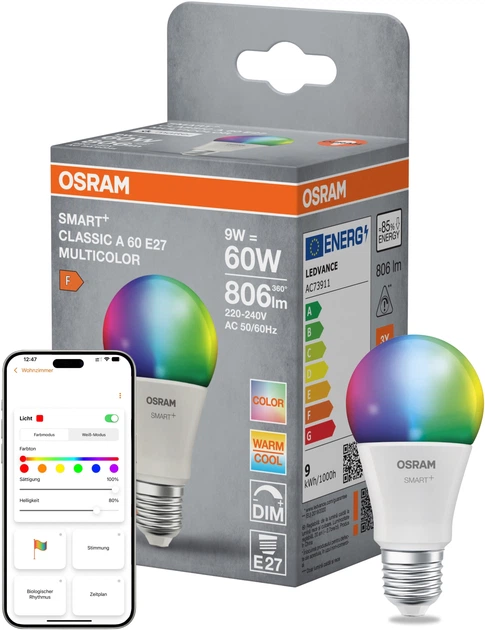Світлодіодна лампа OSRAM SMART+ WiFi A60 9W RGBW 806Lm DIM E27 (4099854461286) - зображення 5