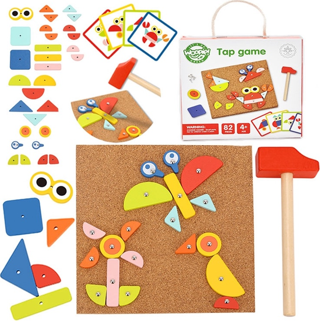 Дерев'яна прибиванка конструктор Woopie з молотком, 20 зразків, 82 ел 44961 (5904326944961) - зображення 15