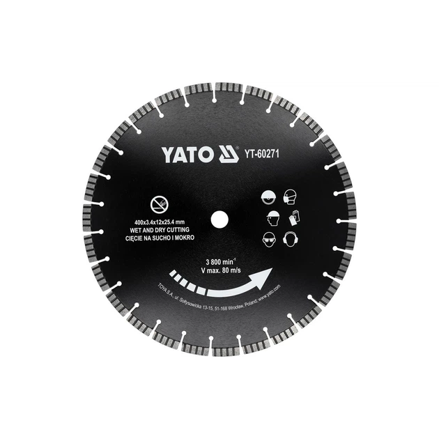 Диск отрезной сегментный алмазный Yato по бетону Ø= 400/25.4x3.4 мм в мокром и сухом режиме (YT-60271) - Фото 1 Диск отрезной сегментный алмазный Yato по бетону Ø= 400/25.4x3.4 мм в мокром и сухом режиме (YT-60271) - изображение 1
