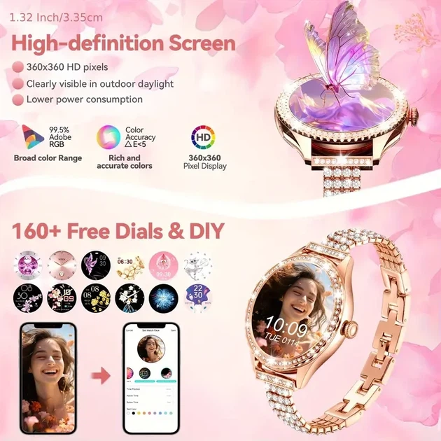Смарт-часы женские Luxury Crystal 1.32" дисплеем, сменными ремешками и расширенным функционалом - изображение 5