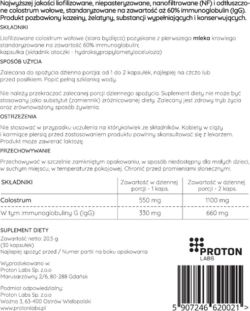 Дієтична добавка Proton Labs Colostrum Liofilizowane Pro 60% 30 капсул (5907246620021) - зображення 2